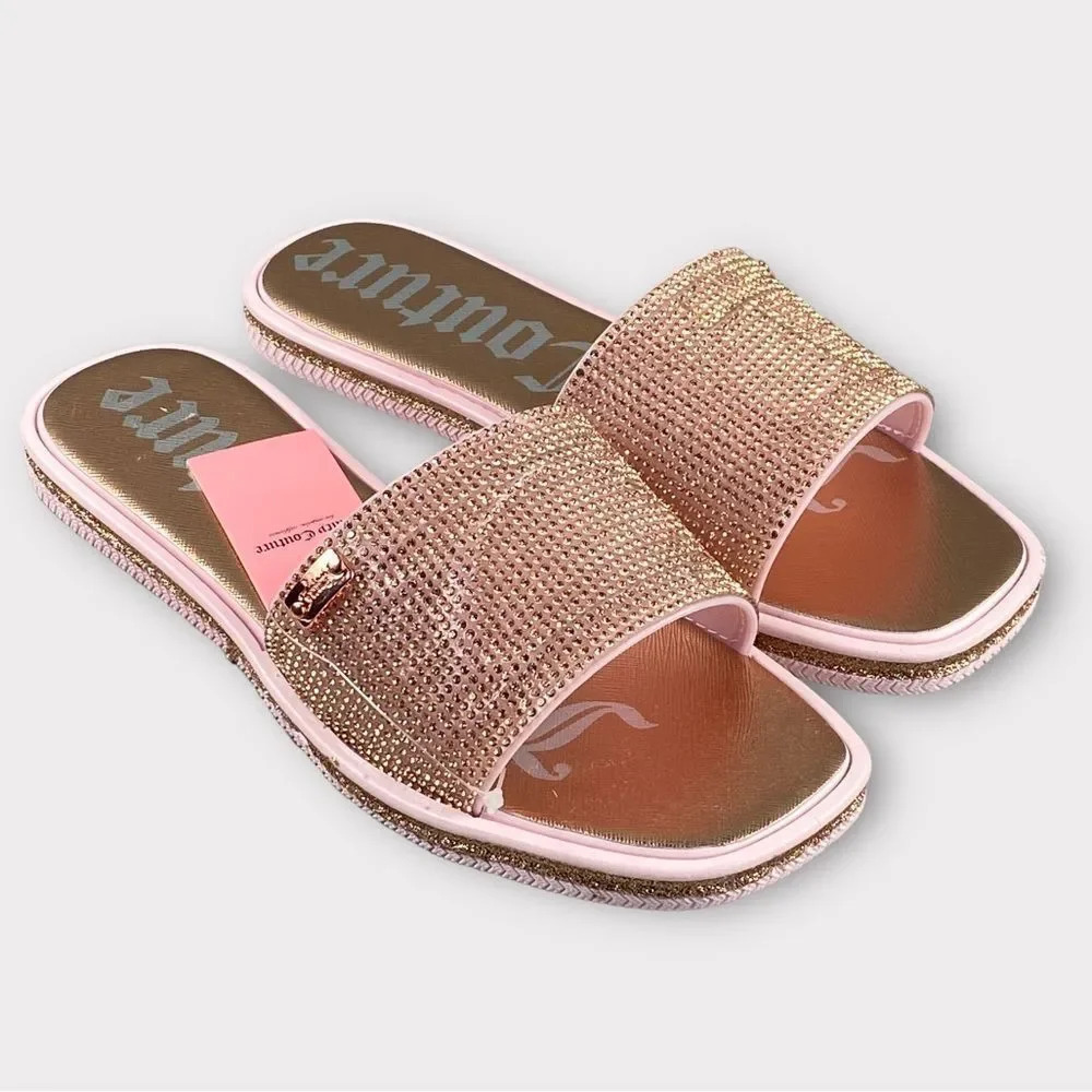 New juicy couture YASHA SLIDES RHINESTONE WOMENS‎ 8M SLIP ON SANDALS ROSE GOLD